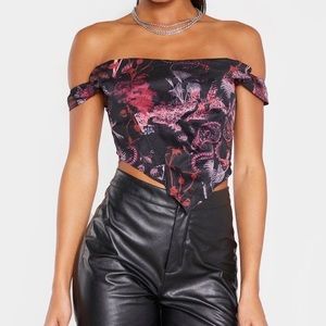 Red Oriental Print Woven Corset Top